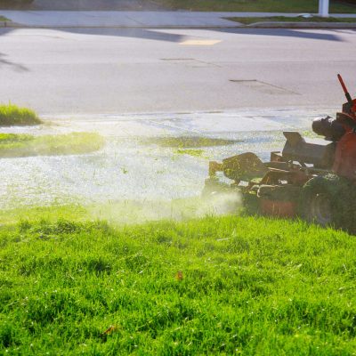 Man worker cutting grass in summer with a professional gardener mowing lawn